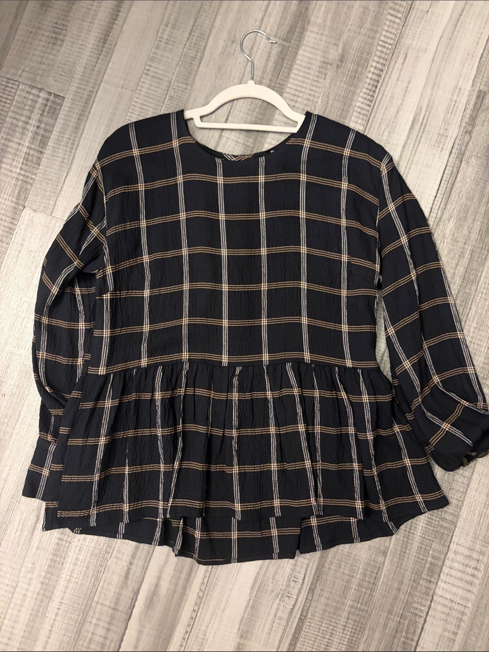 Madewell Navy Plaid Top with Tan and Cream Windowpane